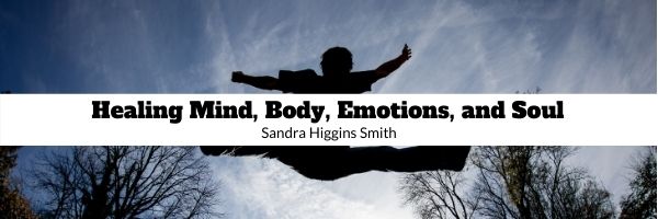 Boy silhouetted against sky, jumping in the air, limbs outstretched, black text, Healing Mind, Body, Emotions, and Soul, Sandra Higgins Smith